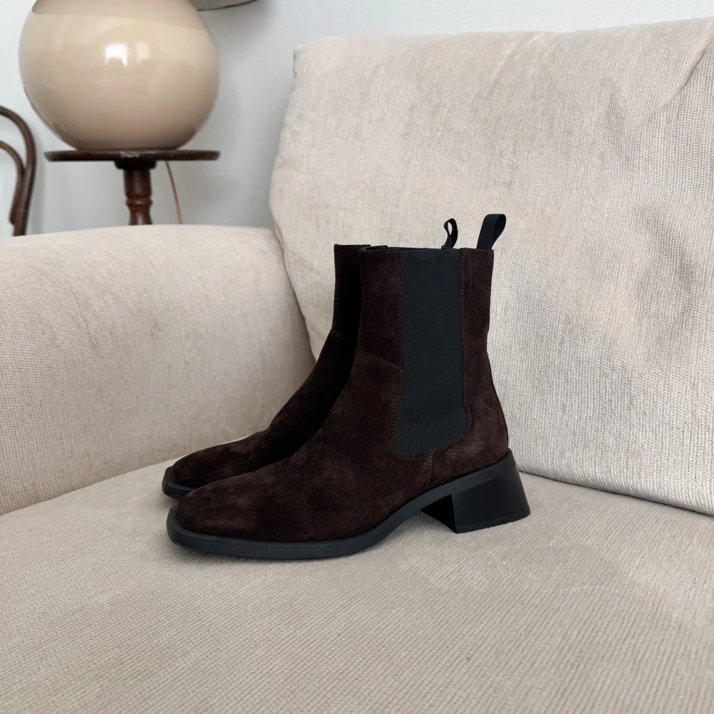 Vagabond Brown Suede Leather Square Toe Block Heel Chelsea Boots Size 37/6.5